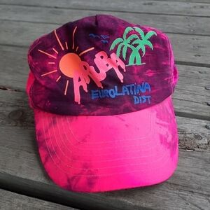 Vintage 80s/90s Aruba EuroLatina Dist neon pink tie dye snapback trucker hat